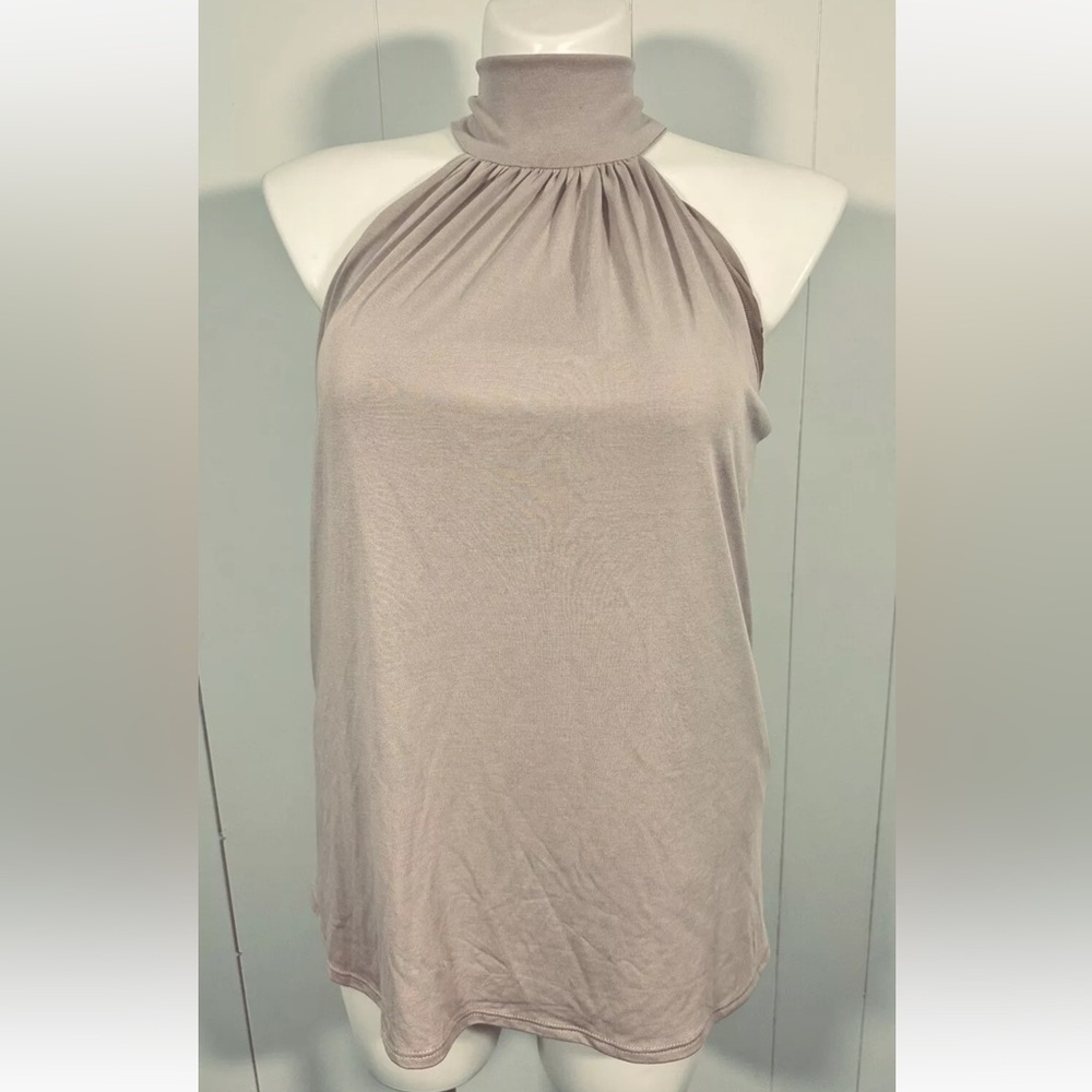 NWT Olia Beige Moca  Cowl Neck Sleeveless Blouse Top Short Size Large Tie Neck
